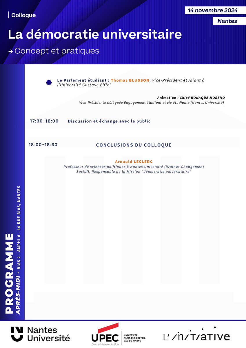 Germe (@germeinform) on Twitter photo Démocratie universitaire Colloque à Nantes 14 et 15 novembre
u-news.univ-nantes.fr/colloque-democ…
<a href="/CampusCondorcet/">Campus Condorcet</a> <a href="/FranceUniv/">France Universités</a> <a href="/UNEF/">UNEF</a> <a href="/unionetudiante_/">L’Union Étudiante</a> <a href="/La_FAGE/">FAGE</a> Démocratie universitaire Colloque à Nantes 14 et 15 novembre
u-news.univ-nantes.fr/colloque-democ…
<a href="/CampusCondorcet/">Campus Condorcet</a> <a href="/FranceUniv/">France Universités</a> <a href="/UNEF/">UNEF</a> <a href="/unionetudiante_/">L’Union Étudiante</a> <a href="/La_FAGE/">FAGE</a>