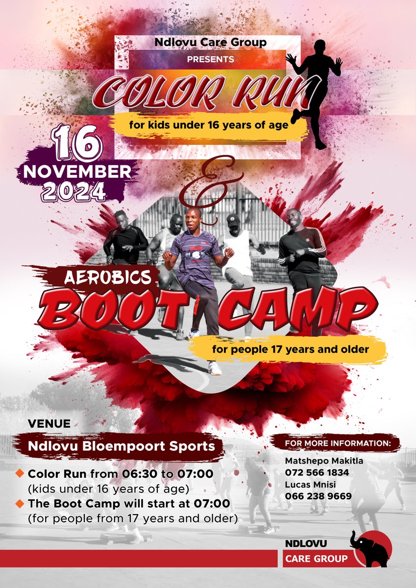 Join us for our Color Run and Boot Camp! 😎

Are you ready to add some color to your fitness routine? Dash through a rainbow of colors, followed by an energizing boot camp session that will challenge and inspire you!

Details are on the poster, see you there 🥳
#NdlovuCares