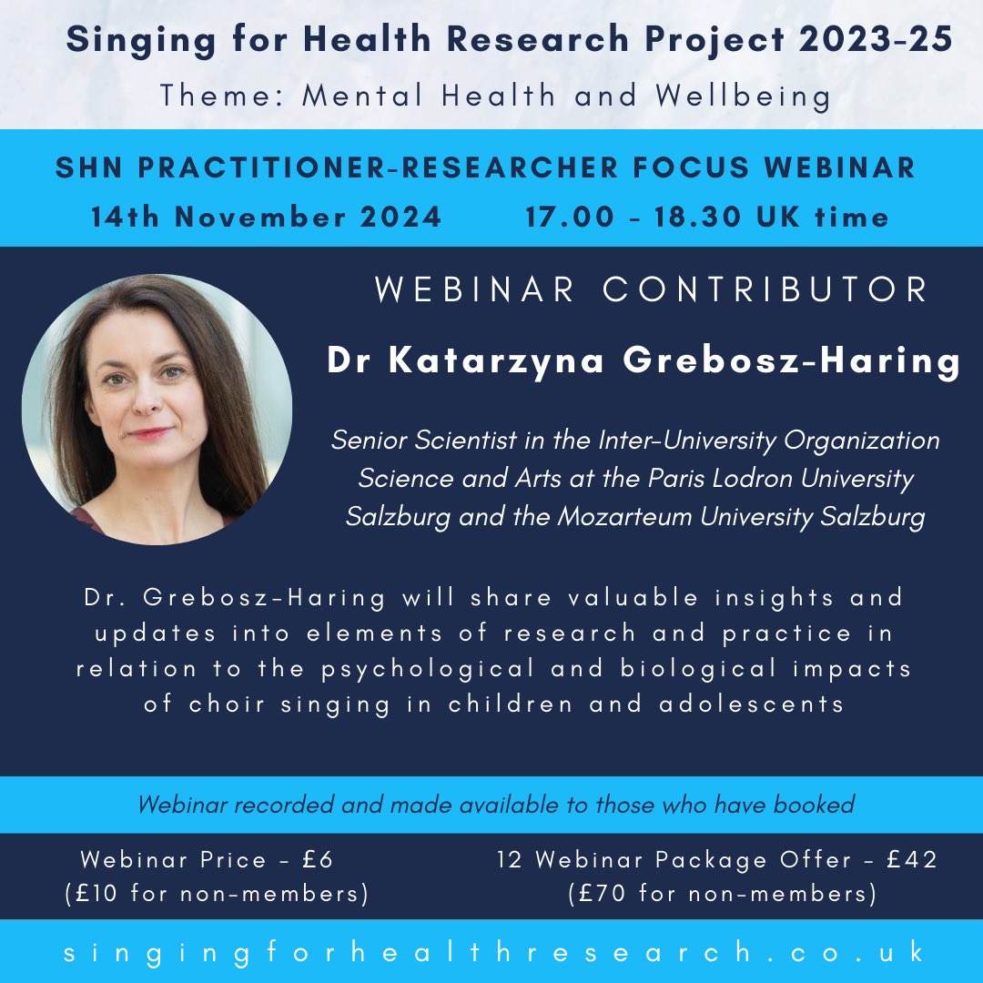 We are delighted to be welcoming Dr Katarzyna Grebosz-Haring as part of a diverse panel for this webinar! 

Join us for this, and for the rest of the Singing for Health Research Project events, to be part of a global conversation! 

singingforhealthnetwork.co.uk/sh-research-pr…