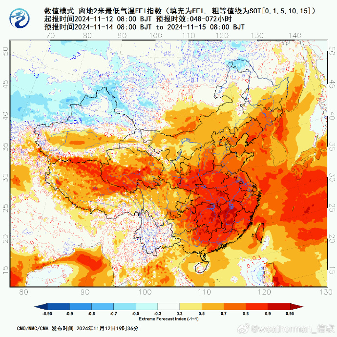 Today, the fierce warming has started in southern China, with 7 stations breaking the mid-November record and 4 stations tying record; in the next week, 40% of China may hit the warmest record in mid-November or even the whole month, Nanning forecast to be 34C! <a href="/extremetemps/">Extreme Temperatures Around The World</a>
