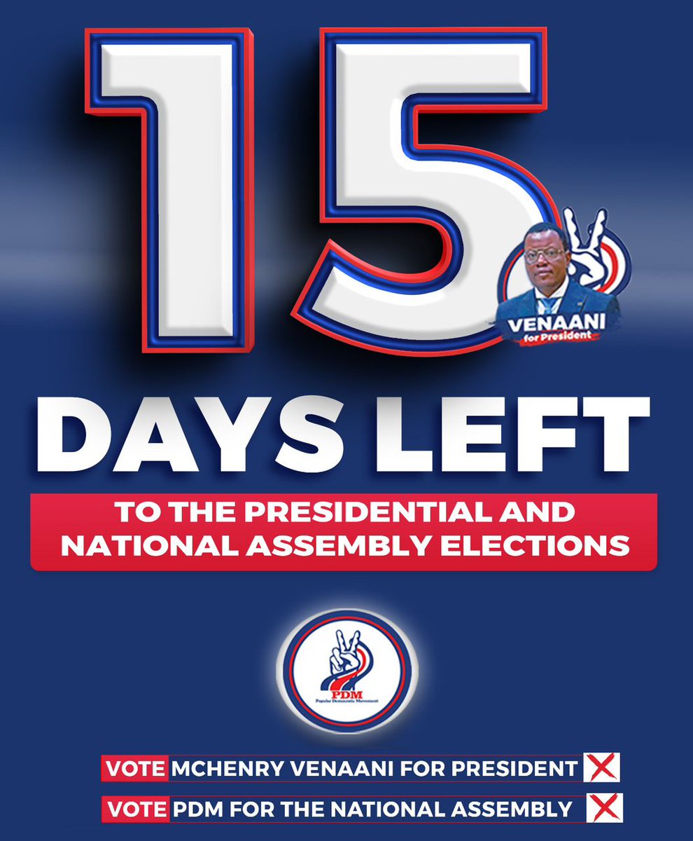 OfficialPDM_Na's tweet photo. Only 15 Days Remaining! 🇳🇦
Vote for real change, vote for a brighter tomorrow.

🗳️ Vote McHenry Venaani for President 
🗳️ Vote PDM for the National Assembly
 #VotePDM2024 #VenaaniForPresident https://t.co/UNwDvJCAzl