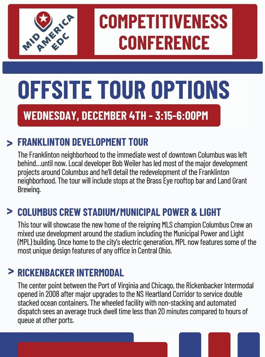 _MAEDC's tweet image. Which Offsite Tour are you the most excited to attend at our upcoming #CompetitivenessConference? Comment &amp;amp; reply!

Register: midamericaedc.org/events-and-pro…

Franklinton Development Tour @rweilerco
@ColumbusCrew Stadium
Rickenbacker Intermodal @RickIntlAirport

#MidAmericaEDC #EconDev