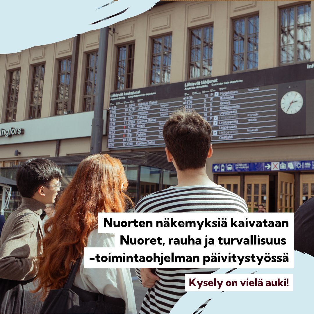 📣Mitä nuoret ajattelevat rauhasta ja turvallisuudesta? 
Ulkoministeriö ja <a href="/nuorisoala/">Suomen nuorisoalan kattojärjestö Allianssi</a> haluavat kuulla nuorten näkemyksiä osana Nuoret, rauha ja turvallisuus -toimintaohjelman päivitystyötä.  🕊️

15–29-vuotiaille suunnattu kysely on auki 17.11. asti. ⬇️

link.webropolsurveys.com/Participation/…