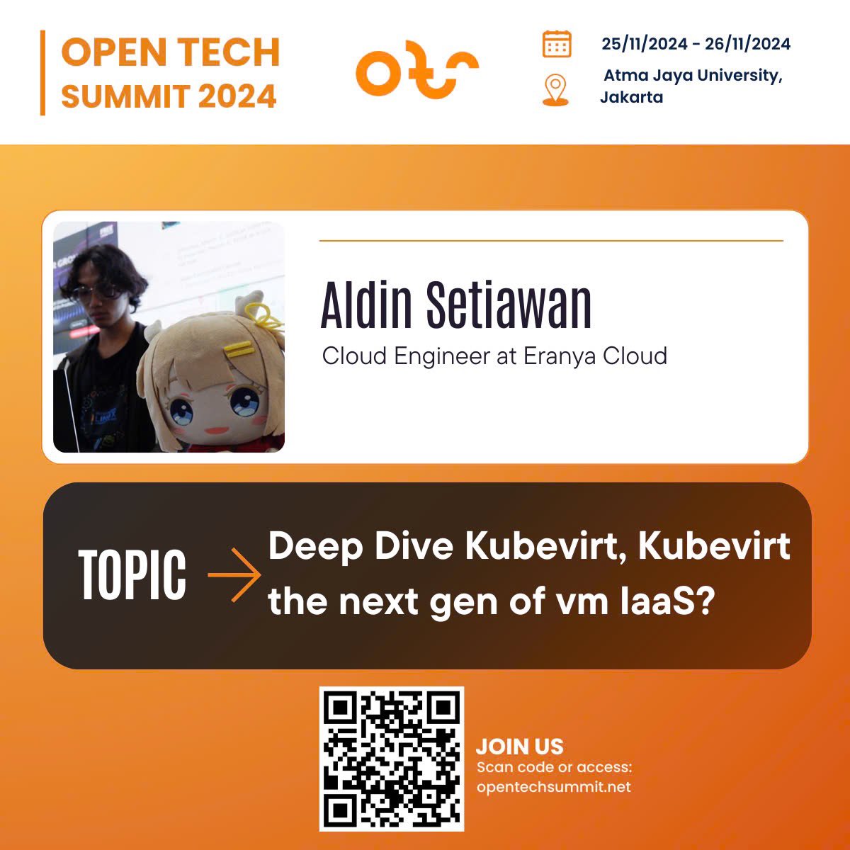 fossasia's tweet photo. Aldin Setiawan @Aldin_Py Cloud Engineer at #EranyaCloud will share insight on "Deep Dive #Kubevirt, Kubevirt the next gen of vm #IaaS? at Open Tech Summit 2024 in Jakarta on November 25th - 26th. Save your seat at  https://t.co/oWfOZuWP9c #OTS2024 https://t.co/eOOHbnTMMi