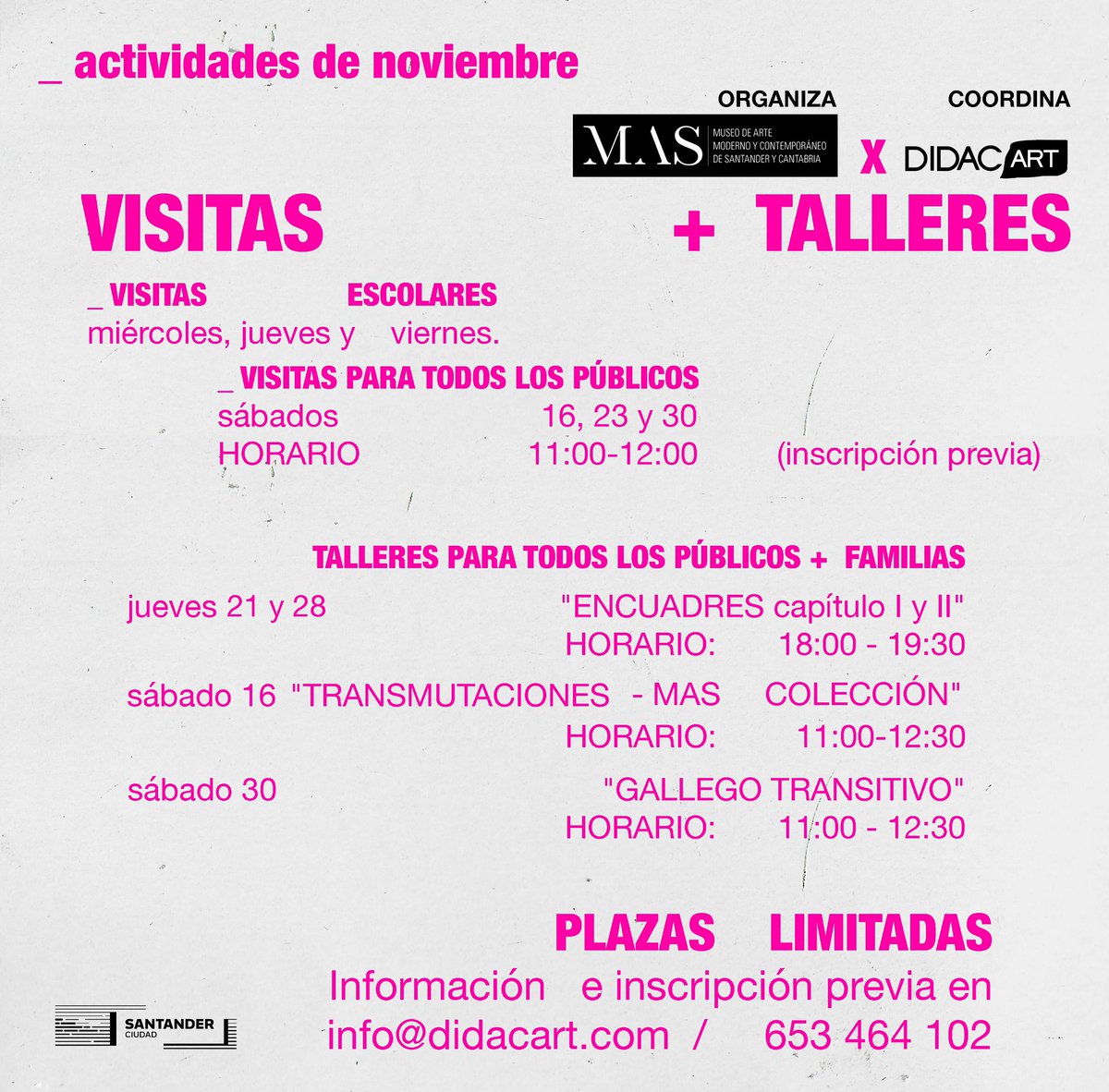 CulturaSantan's tweet photo. ¿Quieres disfrutar del @museomassantander con #visitas #guiadas y #talleres #didacticos?
Dirigidas a #escolares, público general y plan familiar… ¡No puedes perdértelo!
Pídenos información:
📲 653 464 102
📧 info@didacart.com https://t.co/qZdaPljE22