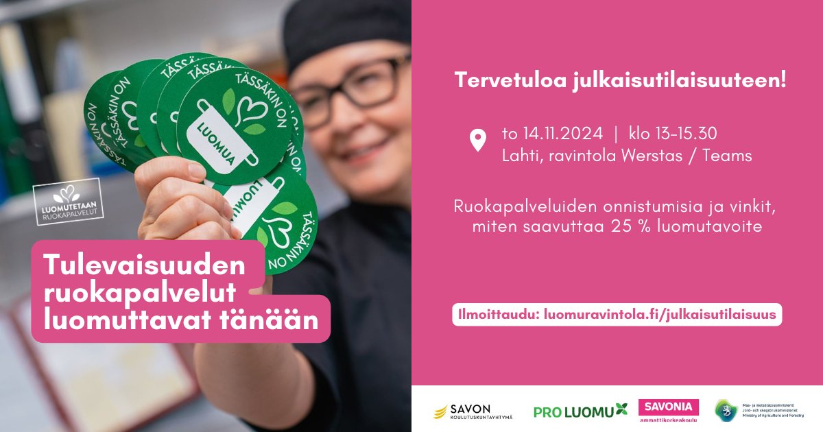 Kolmen vuoden #luomutetaan #ruokapalvelut työn tuloksia Lahdessa ja striiminä to 14.11. Vielä ehdit mukaan kuulemaan pilottiruokapalveluiden onnistumisista ja mallista, jolla ruokapalveluiden #luomu'n käyttöä lisätään kohti 25 % tavoitetta. <a href="/mmm_fi/">MMM</a> luomuravintola.fi/julkaisutilais…