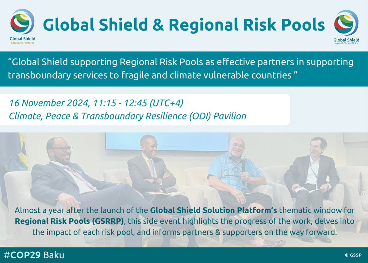 Global Shield Solutions Platform (@thegssp) on Twitter photo Join us today at 11:15 a.m. at the <a href="/TheGlobalShield/">Global Shield</a> <a href="/COP29_AZ/">COP29 Azerbaijan</a> side event, where we will discuss the progress of #RegionalRiskPools at the #ODIPavilion.
Can't join in person? Join us online: youtube.com/@odi_global/fe…
<a href="/ARCapacityLtd/">Africa Risk Capacity (Ltd)</a> <a href="/ccrif_pr/">CCRIF SPC</a> <a href="/PacificInsuran2/">PCRIC</a>
#SEADRIF #COP29Baku Join us today at 11:15 a.m. at the <a href="/TheGlobalShield/">Global Shield</a> <a href="/COP29_AZ/">COP29 Azerbaijan</a> side event, where we will discuss the progress of #RegionalRiskPools at the #ODIPavilion.
Can't join in person? Join us online: youtube.com/@odi_global/fe…
<a href="/ARCapacityLtd/">Africa Risk Capacity (Ltd)</a> <a href="/ccrif_pr/">CCRIF SPC</a> <a href="/PacificInsuran2/">PCRIC</a>
#SEADRIF #COP29Baku