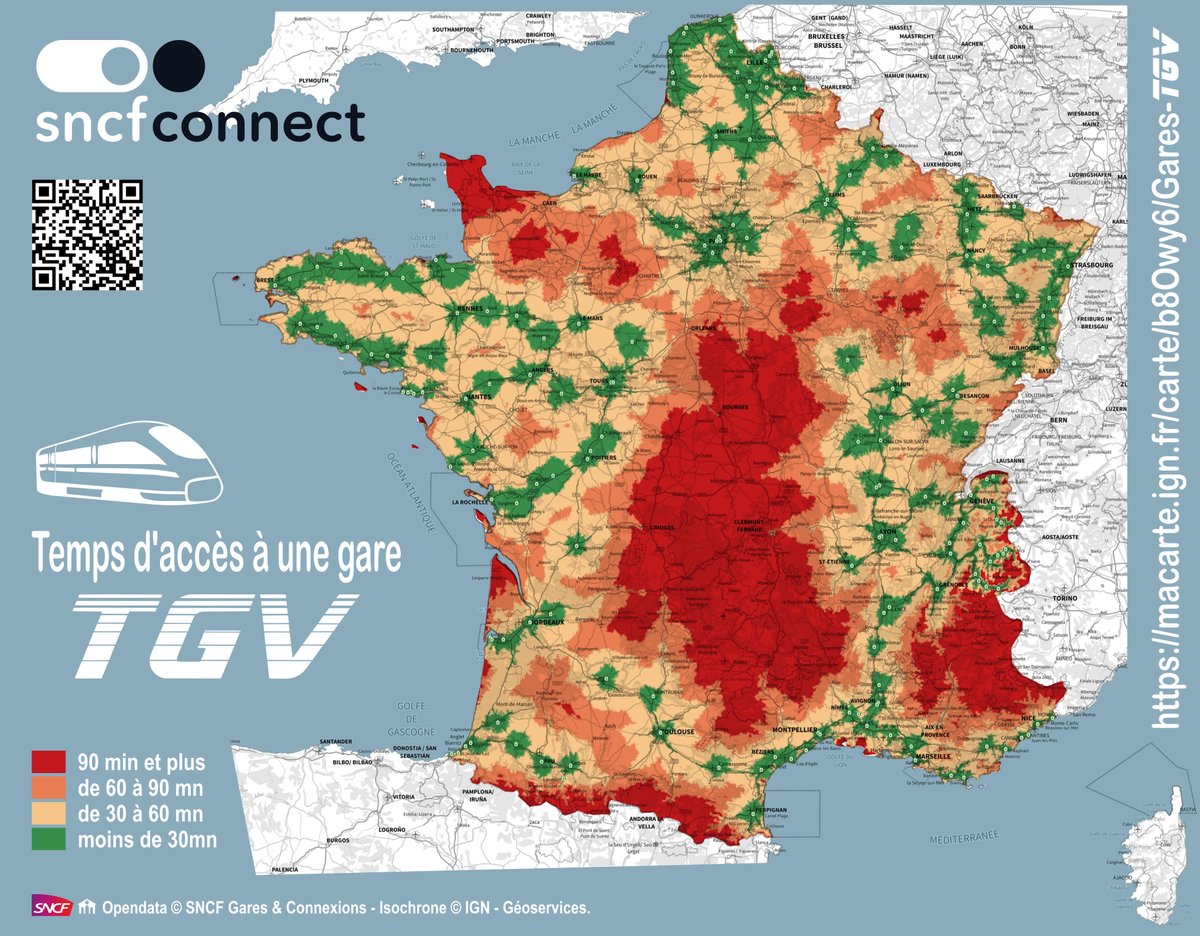 #30daymapchallenge J12 #Time &amp; #Space - Le temps d'accès à une gare TGV⌚

🚄 Le #TGV a totalement transformé notre rapport aux distances en réduisant les temps de voyage, avec un accès au #train à grande vitesse qui varie énormément sur le territoire. 📍

🗺️Découvrez aussi la
