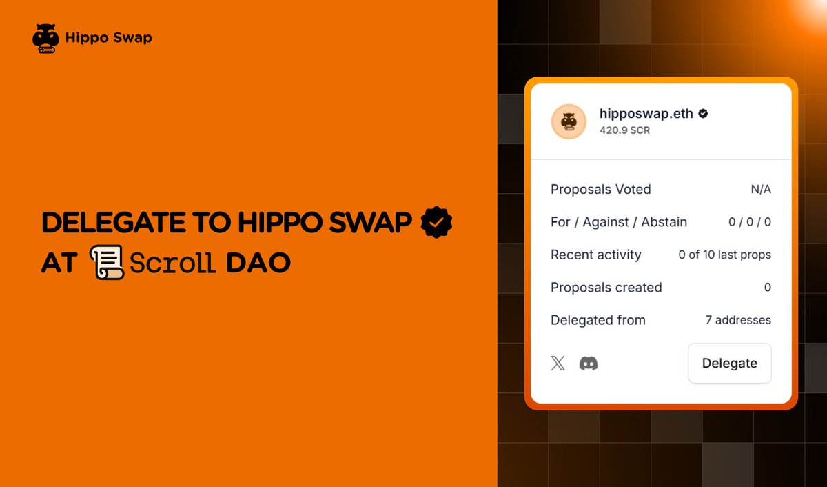Welcome <a href="/Scroll_ZKP/">Scroll</a> Governance 🗳

We are pleased to announce that Hippo Swap joined Scroll DAO as a Delegate on November 11 📑

✅ Check out the Hippo Swap profile: gov.scroll.io/delegates/hipp…

Stay tuned for updates as we embark on this exciting journey with Scroll DAO!