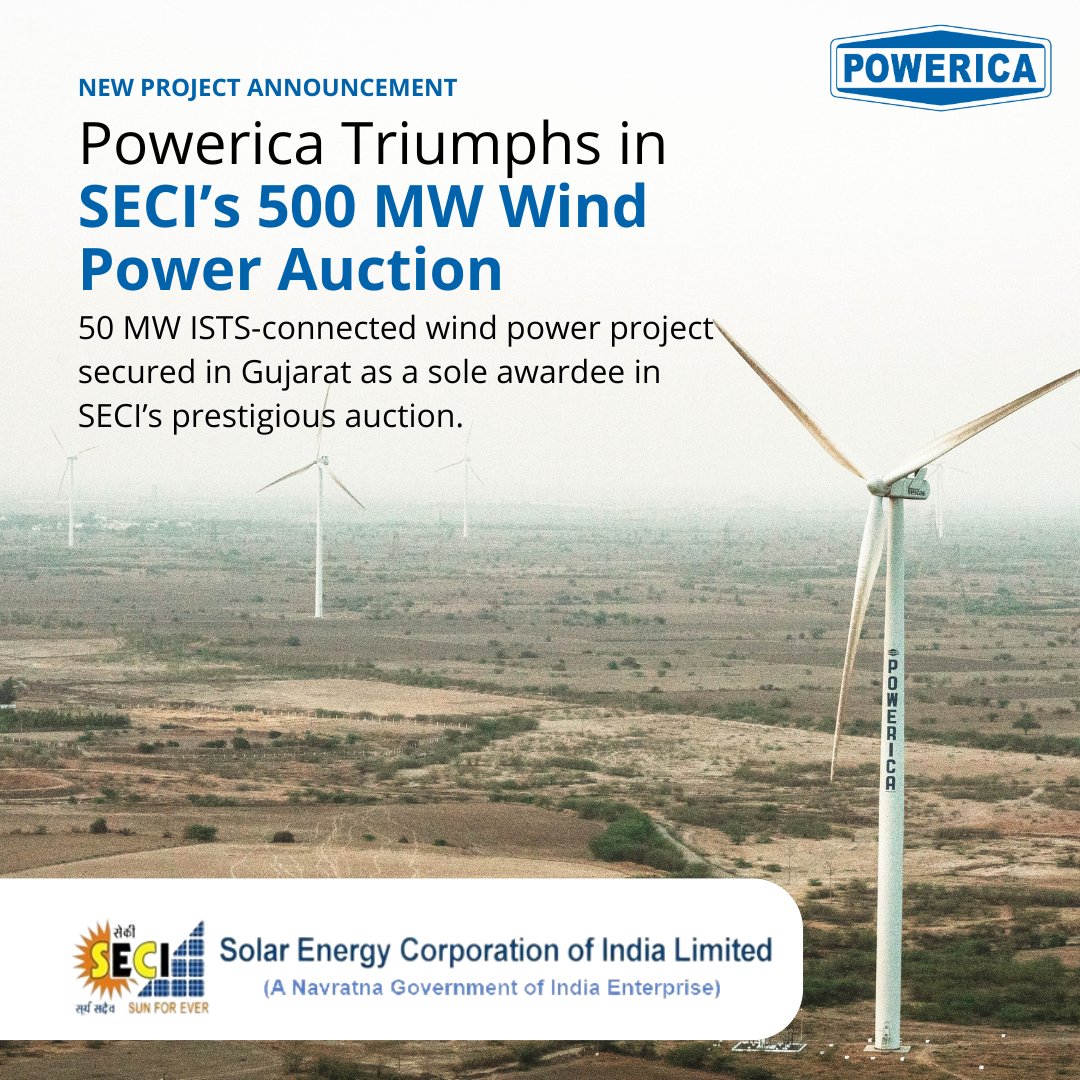 PowericaLimited's tweet image. New Project Alert:
Powerica shines bright in SECI’s 500MW Wind Power Tranche XVII Auction! 

We’re excited to announce our latest milestone: securing a 50 MW ISTS-connected wind power project in Gujarat. 

#PowericaWind #WindProjects #SECI #MNRE