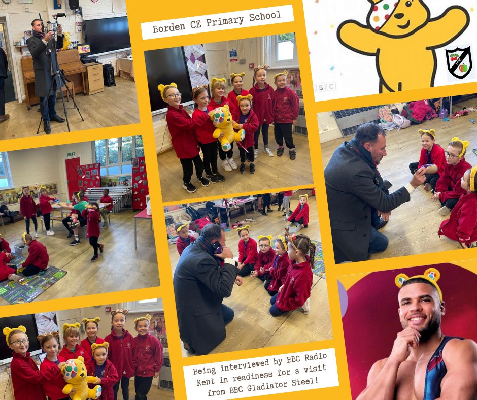OCMATtrust's tweet photo. 🎙️✨ Exciting times at Borden CE Primary! Our pupils went live on BBC Radio Kent, sharing their excitement as they welcome Steel from BBC Gladiators and Pudsey Bear! 🐻💛 #ChildrenInNeed #OCMAT #Kent #Borden https://t.co/4ezlkxitSU