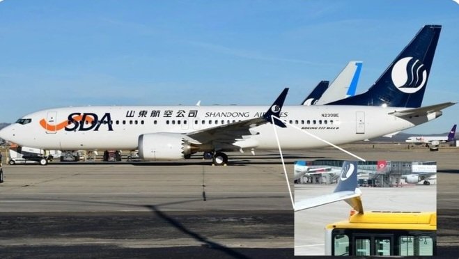 Altitudethrills's tweet photo. A shuttle bus at Hong Kong Airport struck the underside of a Boeing 737 MAX wingtip, delaying a Shandong Airlines flight to Jinan, China, by seven hours over the weekend. https://t.co/ltX0ETB6EG