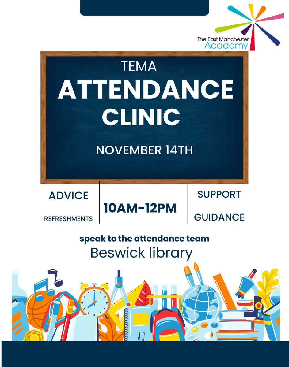 Join us for our Attendance Clinic on Thu 14th Nov 24 from 10am - 12pm next door in Beswick Library, where we'll be offering support and advice on all thing attendance based

#atTEMAweREACH