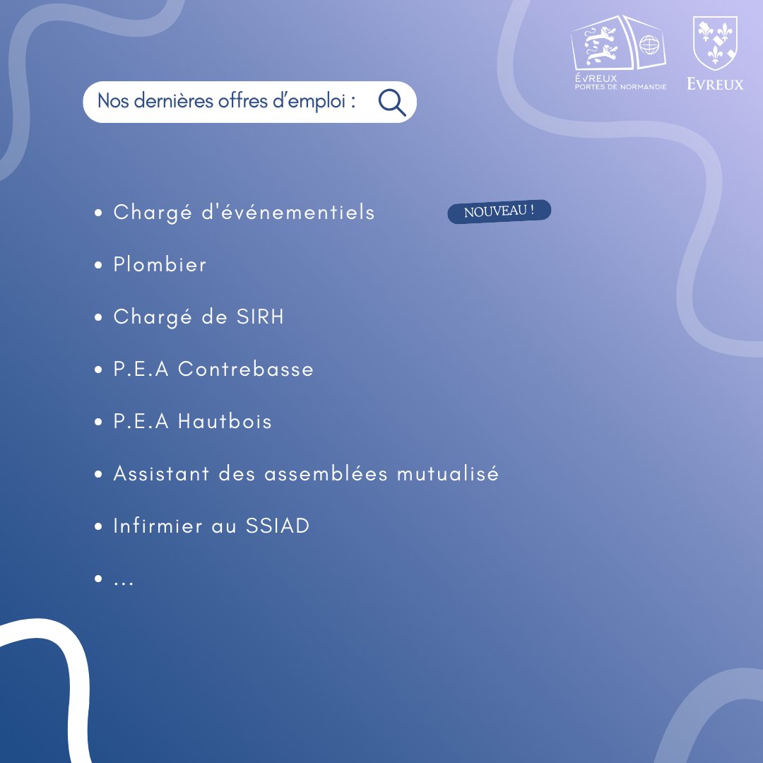 [#EMPLOI]

#Evreux et #aggloevreux recrutent !

&gt; Nouvelle offre : Chargé d'événementiels.

&gt; Offres en cours : Chargé de SIRH / Infirmier au SSIAD / Infirmier en EHPAD / ...

👉 Pour postuler, envoyez votre CV et lettre de motivation ⤵️
evreuxportesdenormandie.fr/285-evreux-por…

#offreemploi