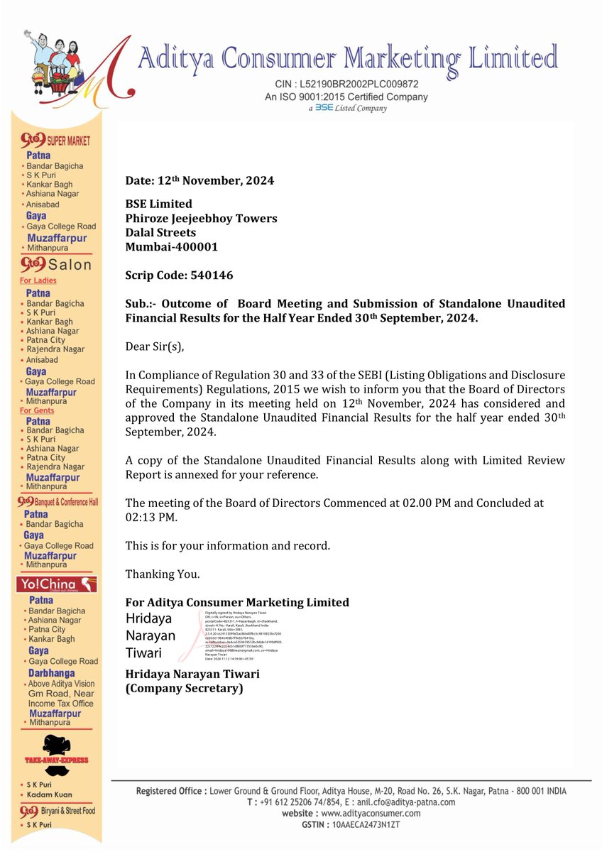 nileshkurhade's tweet image. 📌 Aditya Consumer Marketing Ltd informed the exchange about its approval for the financial results for the half year ended September 30, 2024. #SME #ACML 📄🧾