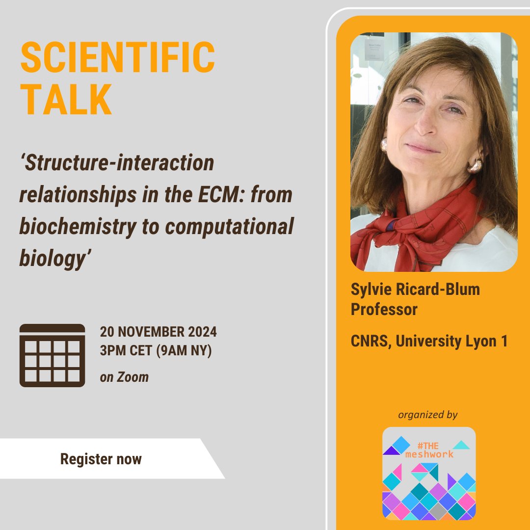 THEmeshwork2020's tweet image. 8 days to go. Structure-interaction relationships in the ECM with S. Ricard-Blum. Thrilled to announce @MerryLabNotts as the chair!!! Are you registered yet? if not: forms.gle/dXPF93Cs7cAxVu…
Don't miss out! @IntSocMatBio @SFBMEc @SwissMatrixBio @BSMB1 @Matrixbiologie