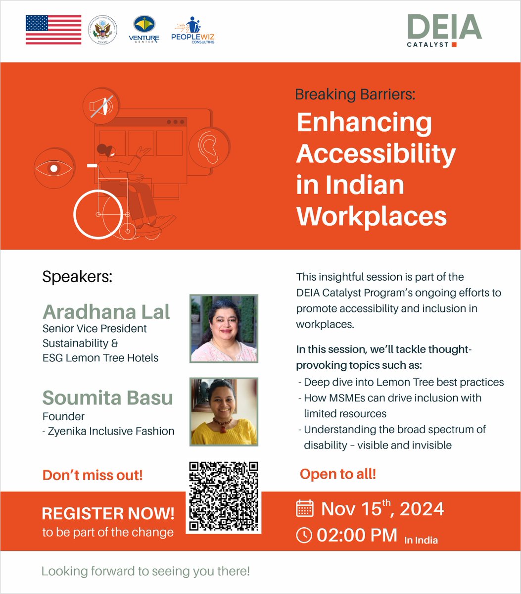 deiacatalyst's tweet photo. Join our webinar on Breaking Barriers: Enhancing Accessibility in Indian Workplaces!  Learn from leaders driving inclusivity: @AradhanaLal (@LemonTreeHotels) &amp; Soumita Basu (Zyenika). 🗓 Nov 15, 2 PM.  
Register now! 📷 https://t.co/0hLCPwYyiM 
#Accessibility #Inclusion #DEIA https://t.co/1TTLCmSiYx