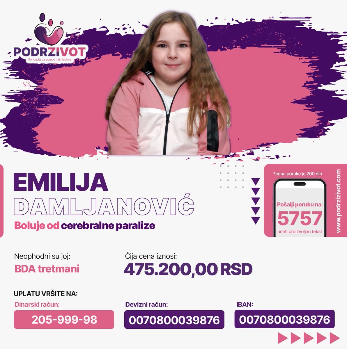 PodrziZivot's tweet photo. Pomozimo Emiliji slanjem SMS-a na 5757 ili donacijom na linku:

https://t.co/w6naYBBgZD

#podrzizivot #cerebralnaparaliza #zdravlje #deca #pomoc https://t.co/ry34dxPnNf