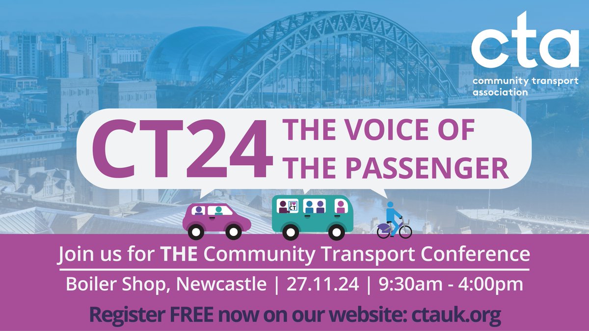 Community Transport Association (@ctauk1) on Twitter photo Join us for CT24: The Voice of the Passenger on 27th Nov in Newcastle!
Highlights:
🚐 Launch of @ECT_Charity's Social Value Toolkit
🚗 Meet insurance partners BCD & <a href="/WRSInsurance_/">WRS Insurance Brokers</a>
🚲 Workshops on health, vehicles & cyber security
+ networking
Register: ctauk.org/event/ct24-voi… Join us for CT24: The Voice of the Passenger on 27th Nov in Newcastle!
Highlights:
🚐 Launch of @ECT_Charity's Social Value Toolkit
🚗 Meet insurance partners BCD & <a href="/WRSInsurance_/">WRS Insurance Brokers</a>
🚲 Workshops on health, vehicles & cyber security
+ networking
Register: ctauk.org/event/ct24-voi…