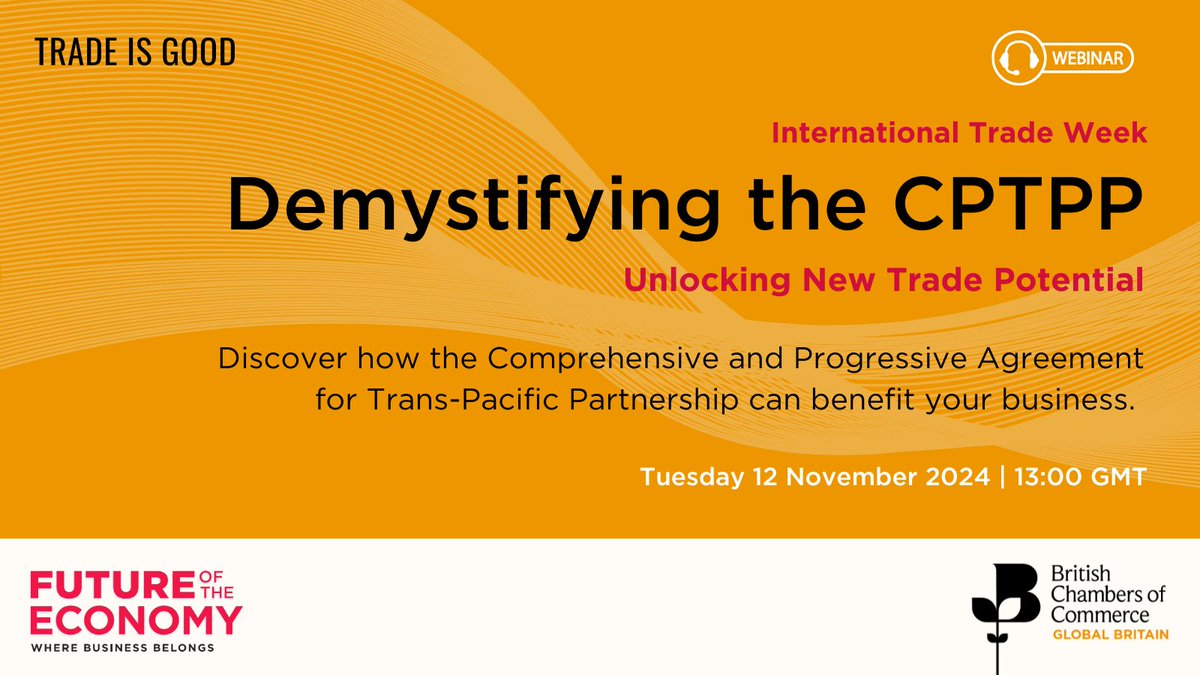 Unlock Asia-Pacific Trade Opportunities 🌏
 
Join us today for an #InternationalTradeWeek webinar on expanding UK trade in the Asia-Pacific! Learn about the CPTPP &amp; how it can grow your business.

🗓️ Today, 12 Nov
🕐 13:00 – 14:00

More 👉 ow.ly/iNys50U4jie

#UKTrade #CPTPP