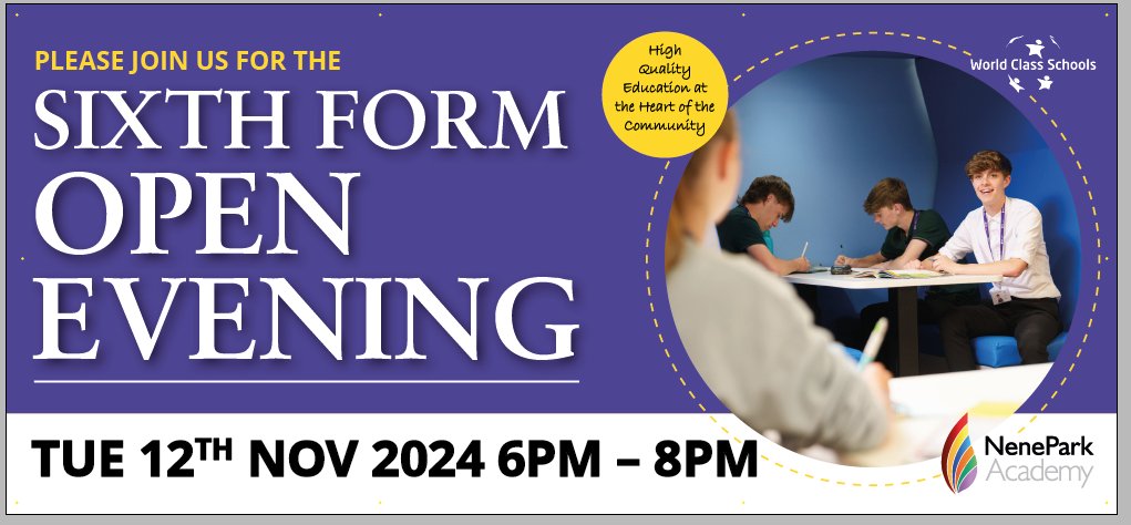 Nene Park Academy (@neneparkacademy) on Twitter photo We are looking forward to welcoming you to our 6th Form Open Evening this evening.
Information talks are at 6.15pm and 7.15pm, and the whole school is open for you to see our Sixth Form provision.
For any questions, please contact mthorne@neneparkacademy.org
#MeridianTrust We are looking forward to welcoming you to our 6th Form Open Evening this evening.
Information talks are at 6.15pm and 7.15pm, and the whole school is open for you to see our Sixth Form provision.
For any questions, please contact mthorne@neneparkacademy.org
#MeridianTrust