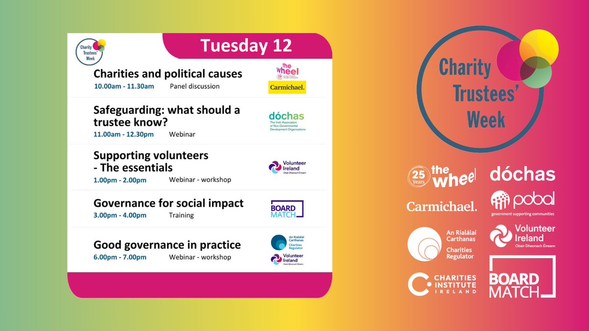 The_Wheel_IRL's tweet photo. DAY 2 of Charity Trustees' Week 2024!

A jampacked slate of events today covering everything from Political Causes, Trustee Safeguarding, Volunteer Support, and Governance.

You can find the full week's schedule of events at https://t.co/YLoctiQZqK

#TrusteesWeekIrl https://t.co/LR8mglOaFz