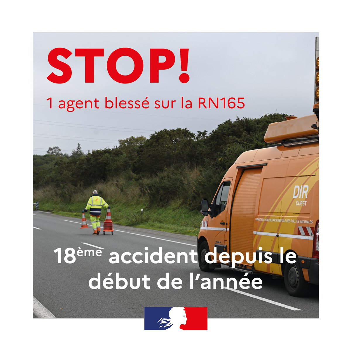 DIR_Ouest's tweet photo. 🚨 Sécurité des agents : il est temps d'agir ! 🚨
Hier, un de nos agents a été blessé lors d’une intervention sur la #route. Combien d’accidents ou de blessés faudra-t-il encore pour que chacun prenne conscience de l’importance de respecter le corridor de sécurité ?
#Accident https://t.co/jixeTyj3Ei