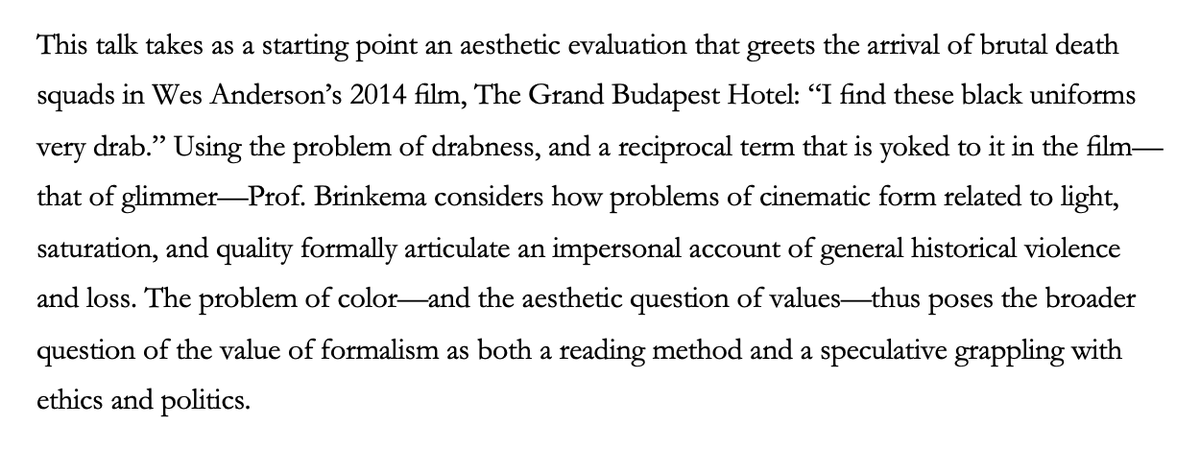 Please join us next Tuesday (19th Nov @ 4pm, Lecture Theatre B, Avenue Campus) for our final research seminar of the semester. We will be joined by Professor Eugenie Brinkema (MIT) who will give a talk titled "Drabness and Ethics (on the Values of Formalism)." Abstract below: