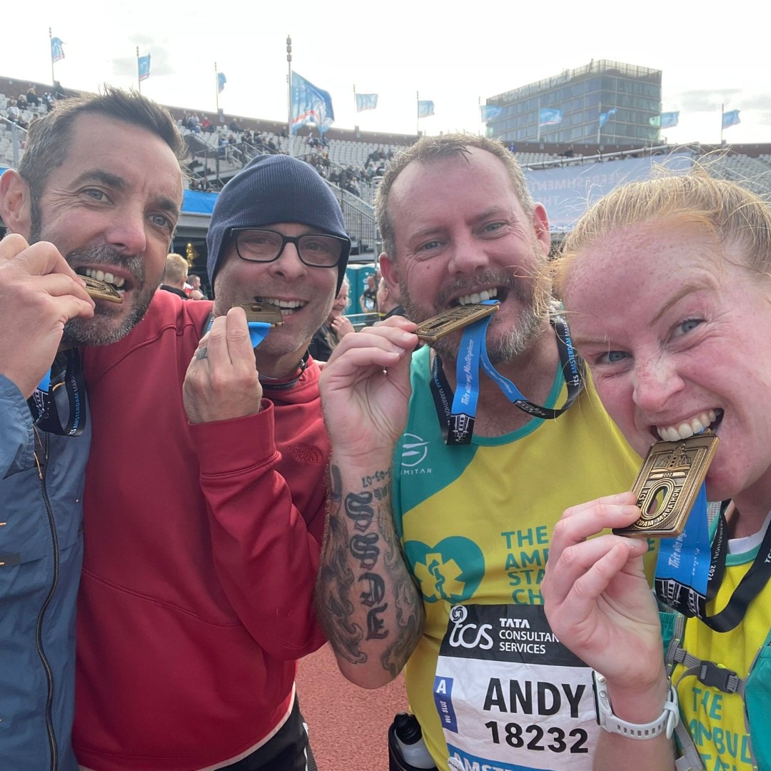 TASCharity's tweet image. Thank you Phil for sharing these great pics of your team taking on the #Amsterdam Marathon for TASC! Clare, Rich, Andy &amp;amp; Phil are from @swasFT &amp;amp; incl. #GiftAid, have raised £1,400 for our cause, the equivalent of 26 hrs of  #MentalHealth support! Thank you so much!