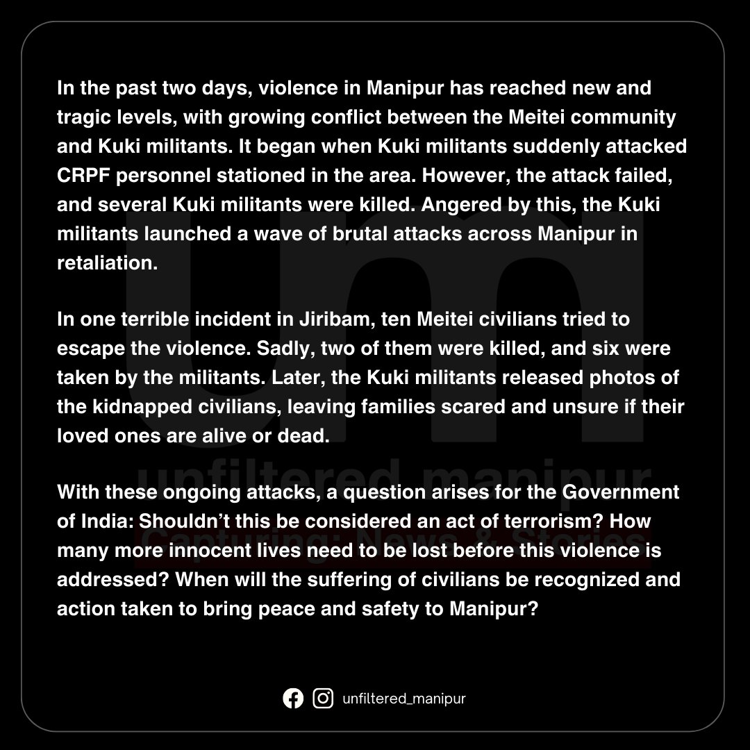 Revenge turns deadly in Manipur: After a failed attack on CRPF, Kuki militants target Meitei civilians—2 killed, 6 abducted. How many more lives before this is called terrorism? 

#ManipurCrisis #ManipurUnderAttack #KukiWarCrimes #ManipurViolence #UnfilteredManipur
