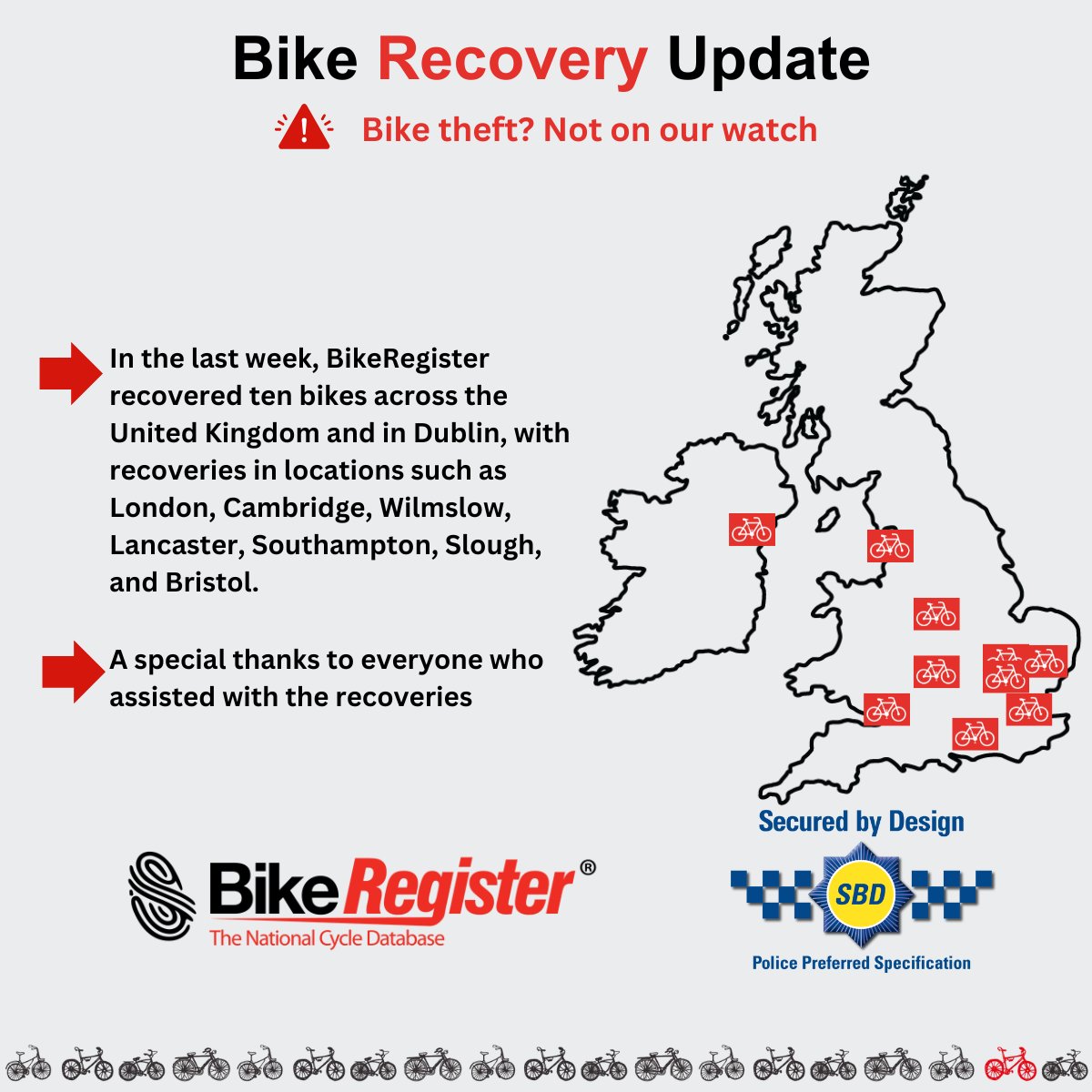 In the past week, 10 stolen bikes were recovered across the UK thanks to BikeRegister! 
Protect your ride—register your bike today.
🔗 bit.ly/3BSdPYv
Together, let’s make bike theft a thing of the past.🔒

#BikeRegister #BikeRecovery #BikeTheft #StaySafe #CycleCommunity