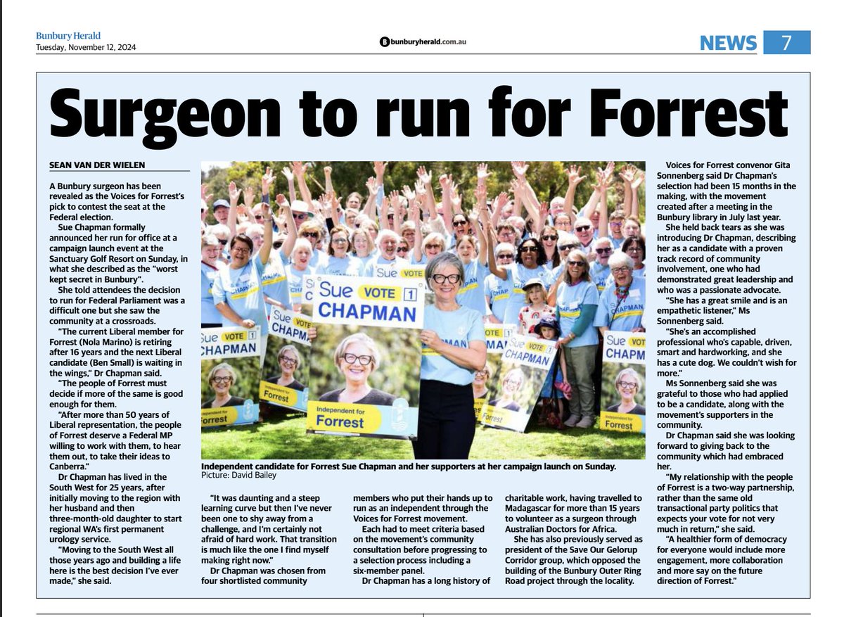 Lovely article by Sean van der Wielen of the #BunburyHerald! 

"The people of Forrest must decide if more of the same is good enough for them"

<a href="/drsue4forrest/">Sue Chapman | Independent for Forrest</a> 

#wapol 
#auspol