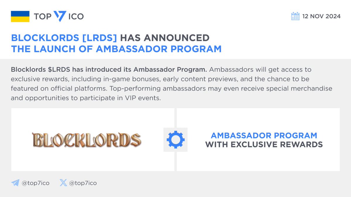 Blocklords [LRDS] has announced the launch of Ambassador Program  @BLOCKLORDS $LRDS has introduced its Ambassador Program. #Ambassadors will  get access to exclusive rewards, including in-game bonuses, early content  previews, and the chance