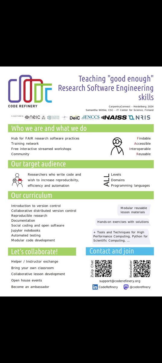 coderefine's tweet image. This week, we’re excited to be at Carpentry Connect in Heidelberg, sharing a poster on the CodeRefinery project! If you're attending, we’d love to connect and chat about ways to simplify reusing and linking lesson materials.
Come say hello—we’re looking forward to meeting you!