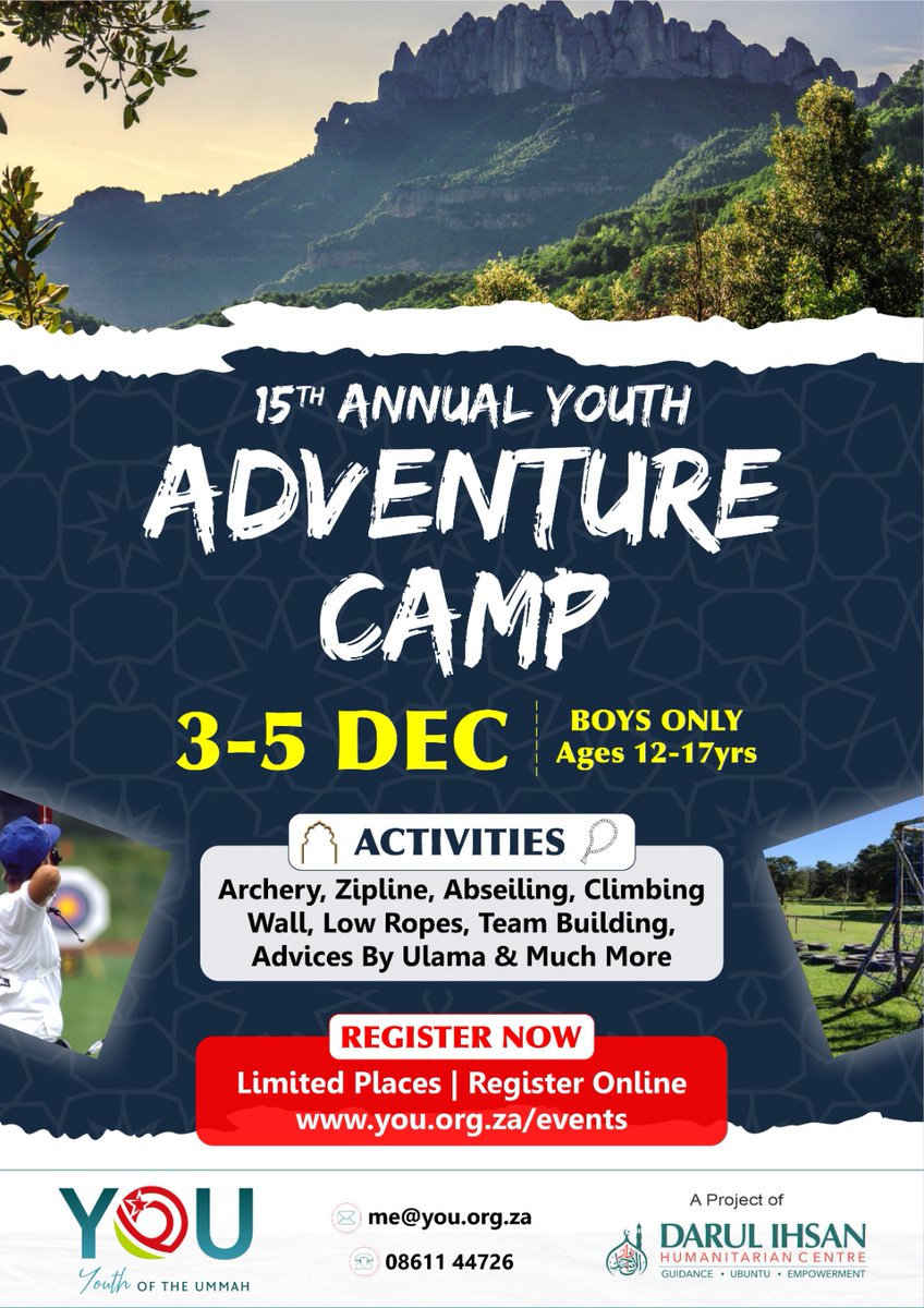 discdbn's tweet image. 🔈 Youth Adventure Camp
By Youth of the Ummah ( Y.O.U)
A project of Darul Ihsan Centre

🔗 Register at: you.org.za/events

Hurry! Limited space available. Payment confirms space

#OutdoorActivites#YouthoftheUmmah #HalalFun #Youth #SocialMedia #Palestine #DarulIhsan#Islam
