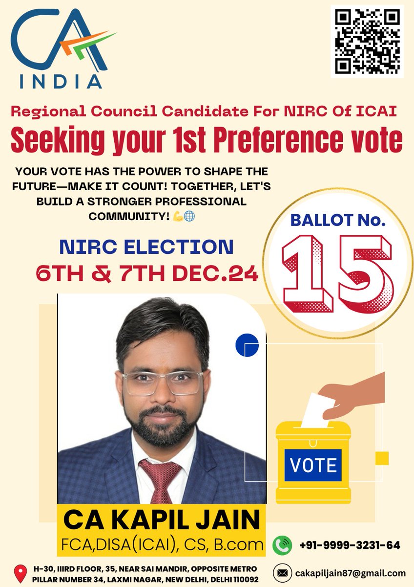 kjclassesdelhi's tweet photo. π’ Vote CA Kapil Jain β Your Candidate for NIRC Elections 2024!
#VoteForChange #CAKapilJain #NIRCElections2024 #YourVoiceMatters #ICAI #FutureOfProfession #BallotNumber15 #StrongerTogether #communitysupport #UnityForProgress #AccountabilityMatters #election2024 #VoteWisely #NIRC https://t.co/sxkh0KwFBQ