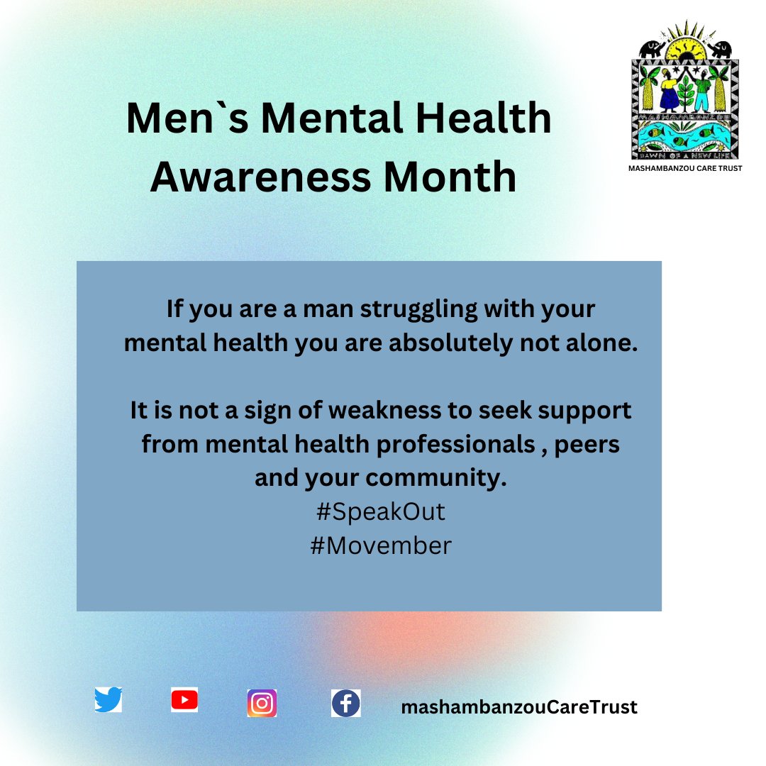 If you are a man struggling with your mental health you are absolutely not alone.

It is not a sign of weakness to seek support from mental health professionals , peers and your community.
#SpeakOut
#Movember
#Menmentalhealth