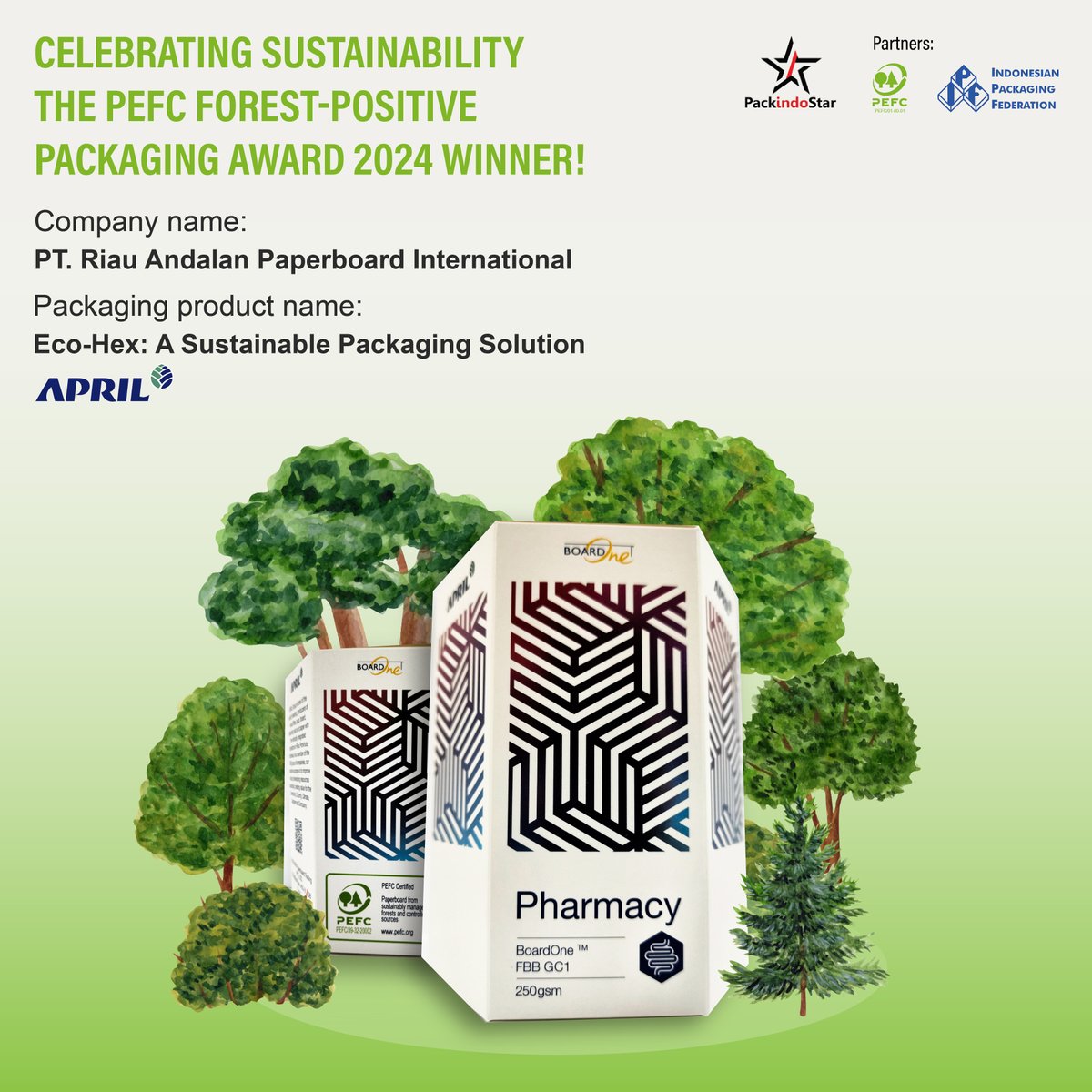 We're thrilled to announce the winner of PEFC Forest-Positive Packaging Award 2024 is:
🏆 PT. Riau Andalan Paperboard International (a company of <a href="/APRILpulp/">APRIL</a>) with the product of Eco-Hex: A Sustainable Packaging Solution!
#responsiblesourcing #certifiedmaterial #traceability