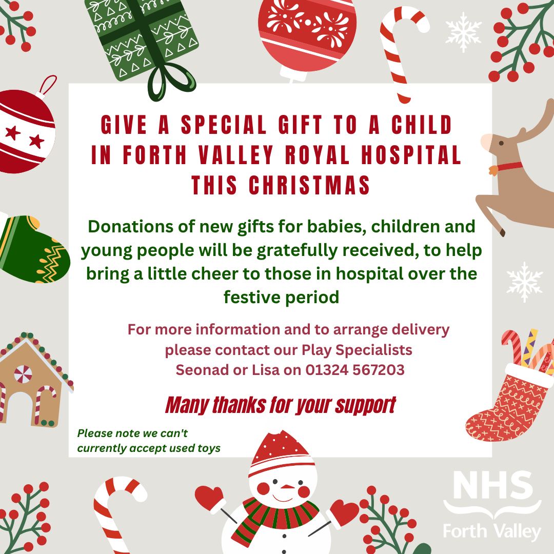 The Children's Ward at Forth Valley Royal Hospital are looking for donations of new gifts for babies, children &amp; young People 🎁 🎅

More info ⬇