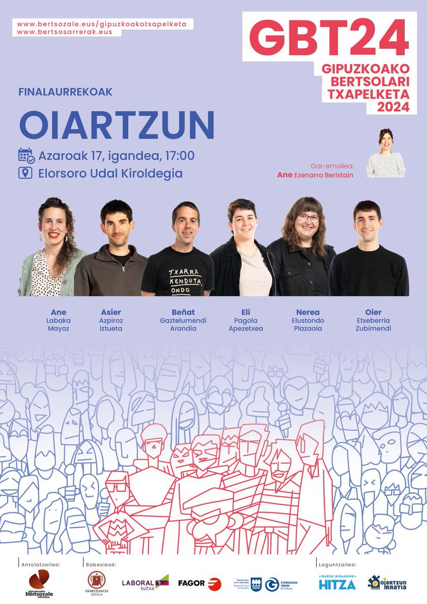 #GBT24 |
Bueltan da GBT24! Asteburu honetan jokatuko da lehen finalaurrekoa, Oiartzunen. 
Informazioa👉bertsozale.eus/eu/gipuzkoa/gi…
Sarrerak👉 bertsosarrerak.eus 
Gogoratu <a href="/euskaltelebista/">ETB</a>|n zuzenean emango dugula!
#bertsolaritza #kultura #Oiarzun <a href="/oiartzungoudala/">Oiartzungo Udala</a>