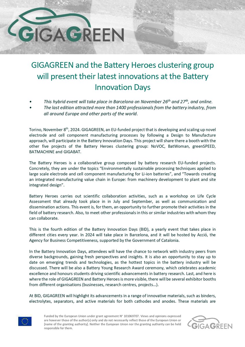 GIGAGREEN_'s tweet photo. 🔋On November 26thand 27th we will be at the @BID_event with the Battery Heroes: @NoVOC_project , @BatwomanEu, GreenSPEED, GIGABAT, and @BATMACHINE_EU.

💡Find more information in the link or on our Press Release.

https://t.co/fOwSO5VE5y https://t.co/KP7HIqJiZg