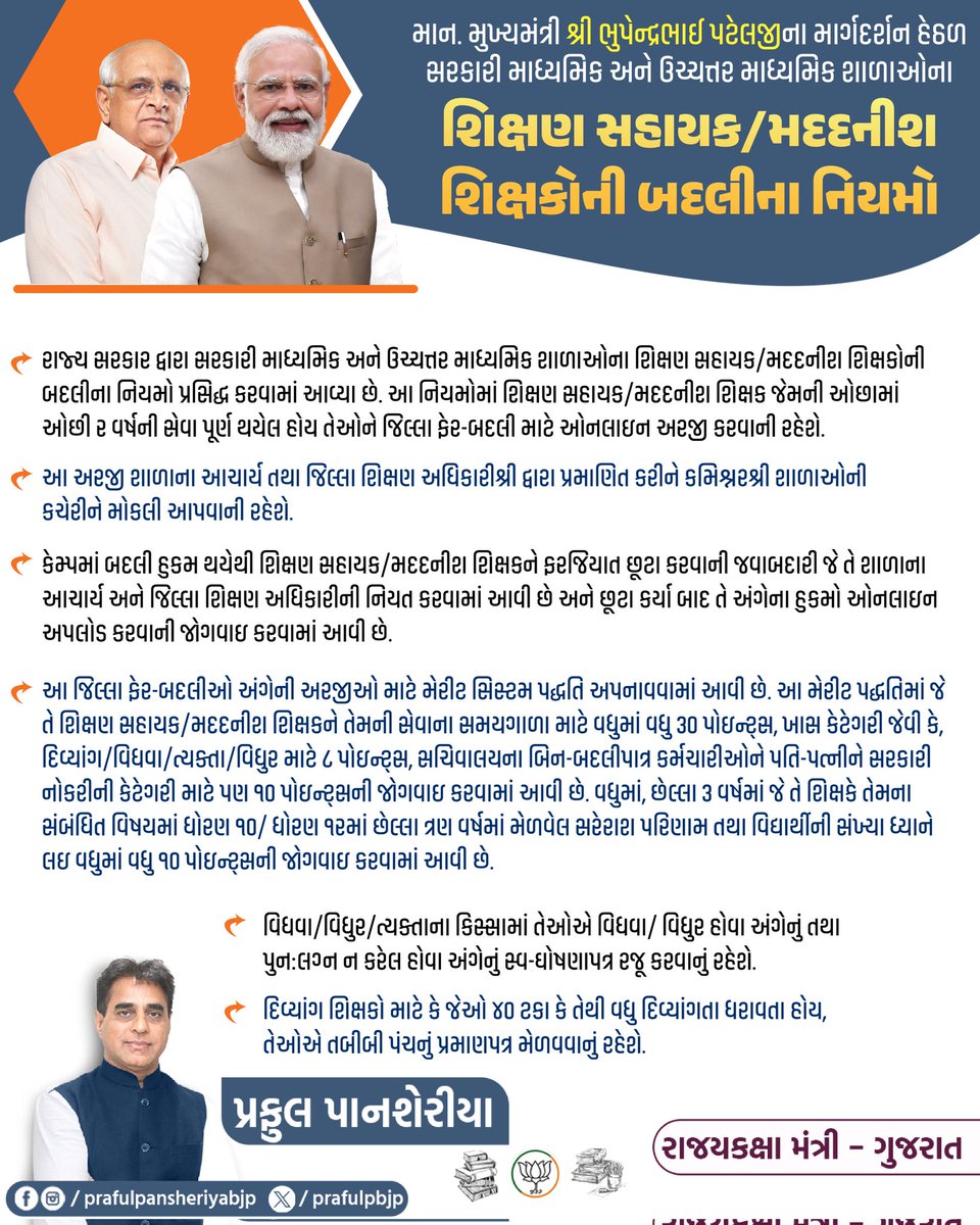 prafulpbjp's tweet photo. માન. મુખ્યમંત્રી શ્રી @Bhupendrapbjp જીના માર્ગદર્શન હેઠળ સરકારી માધ્યમિક અને ઉચ્ચત્તર માધ્યમિક શાળાઓના શિક્ષણ સહાયક/મદદનીશ શિક્ષકોની બદલીના નિયમો જાહેર...

#Education #Govt #PrafulPansheriya https://t.co/LQNN4wEodz