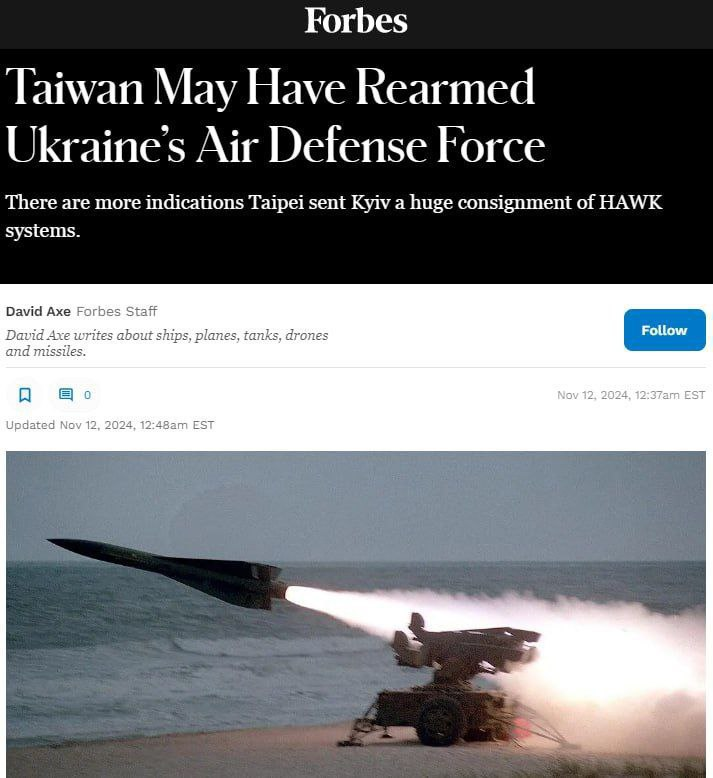 wartranslated's tweet photo. Forbes writes that Taiwan has probably sent Ukraine a huge batch of HAWK air defense systems.

We are talking about 15 batteries, each with at least six launchers with three missiles and radars. According to journalists, it is simple, highly mobile with towed launchers, and easy to modernize.