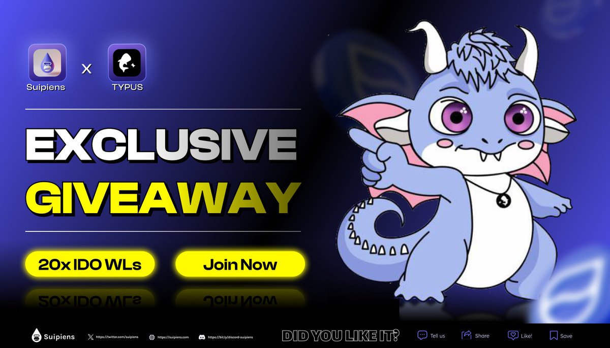 suipiens's tweet photo. 🪂 EXCLUSIVE GIVEAWAY 🪂

@TypusFinance is one of the pioneering #DeFi projects built on Sui from day one and is the only #Options protocol on Sui.

🔥 Typus's IDO is coming soon. You can't afford to miss this project in 2024.

🎁 20x IDO whitelists up for grabs

How to join:
🔹 Follow @TypusFinance & @suipiens.
🔹 Like + Repost this tweet.
🔹 Tag 2 friends + Comment your Sui wallet.

⏳ 48H

Join now! ☝️

#Sui #Suipiens
