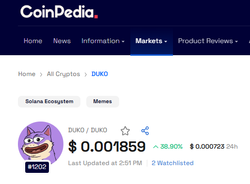 MarketCoinpedia's tweet photo. Just In:  A #solana memecoin, $DUKO price rallies 39% to $0.001859 with trading volume rising 167% to $4.78M in past 24hours. 🚀

#DUKO holders surpassed 23.8K and $DUKO is only a 3x away from its previous ATH at $0.007299! 📈