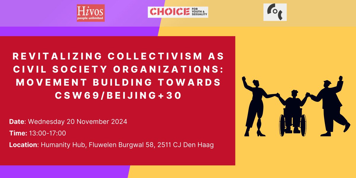 Our members <a href="/COCNederland/">COC Nederland</a>, @HivosNL &amp; <a href="/CHOICEforYouth/">CHOICE for Youth & Sexuality</a> host “Revitalizing Collectivism as Civil Society Organizations: Movement Building Towards the Revitalization of the CSW". 
 📅 20 Nov, 13:00-17:00
 📍 <a href="/HumanityHub/">The Hague Humanity Hub</a>
 🎟️ More information and sign-up here: shorturl.at/IIDN0