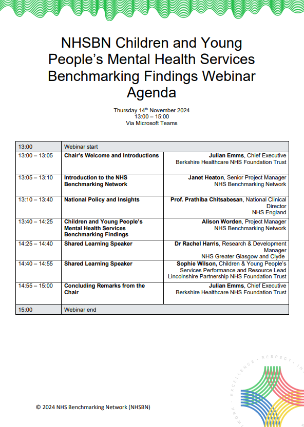 NHSBenchmarking's tweet photo. 🛎 Our Children &amp; Young People's Mental Health  Benchmarking Findings webinar is taking place this afternoon. Join us and guest speakers from 1pm!

📅 When? TODAY, 1pm-3pm!
📍 Where? MS Teams
✔ Register: https://t.co/Mi8Two9sf8

#NHSBN #CYPMH #Webinar https://t.co/wthxp3fSI2