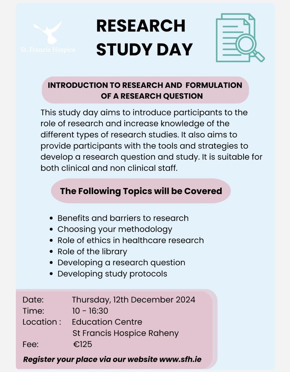 Lauren Boland (@drlaurenboland) on Twitter photo Interested in research but unsure where to start? Recently started a course & need some guidance with your research question? Come along to our Research Study Day on Thurs 12th Dec in <a href="/SFHDublin/">St. Francis Hospice</a> where we will explore all these areas & more! <a href="/AOTIpcoag/">AOTI Palliative Care and Oncology AG</a> <a href="/AIIHPC/">All Ireland Institute of Hospice & Palliative Care</a> <a href="/AOTInews/">Association of Occupational Therapists of Ireland</a> <a href="/iscp_pd/">Professional Development @ ISCP</a> Interested in research but unsure where to start? Recently started a course & need some guidance with your research question? Come along to our Research Study Day on Thurs 12th Dec in <a href="/SFHDublin/">St. Francis Hospice</a> where we will explore all these areas & more! <a href="/AOTIpcoag/">AOTI Palliative Care and Oncology AG</a> <a href="/AIIHPC/">All Ireland Institute of Hospice & Palliative Care</a> <a href="/AOTInews/">Association of Occupational Therapists of Ireland</a> <a href="/iscp_pd/">Professional Development @ ISCP</a>