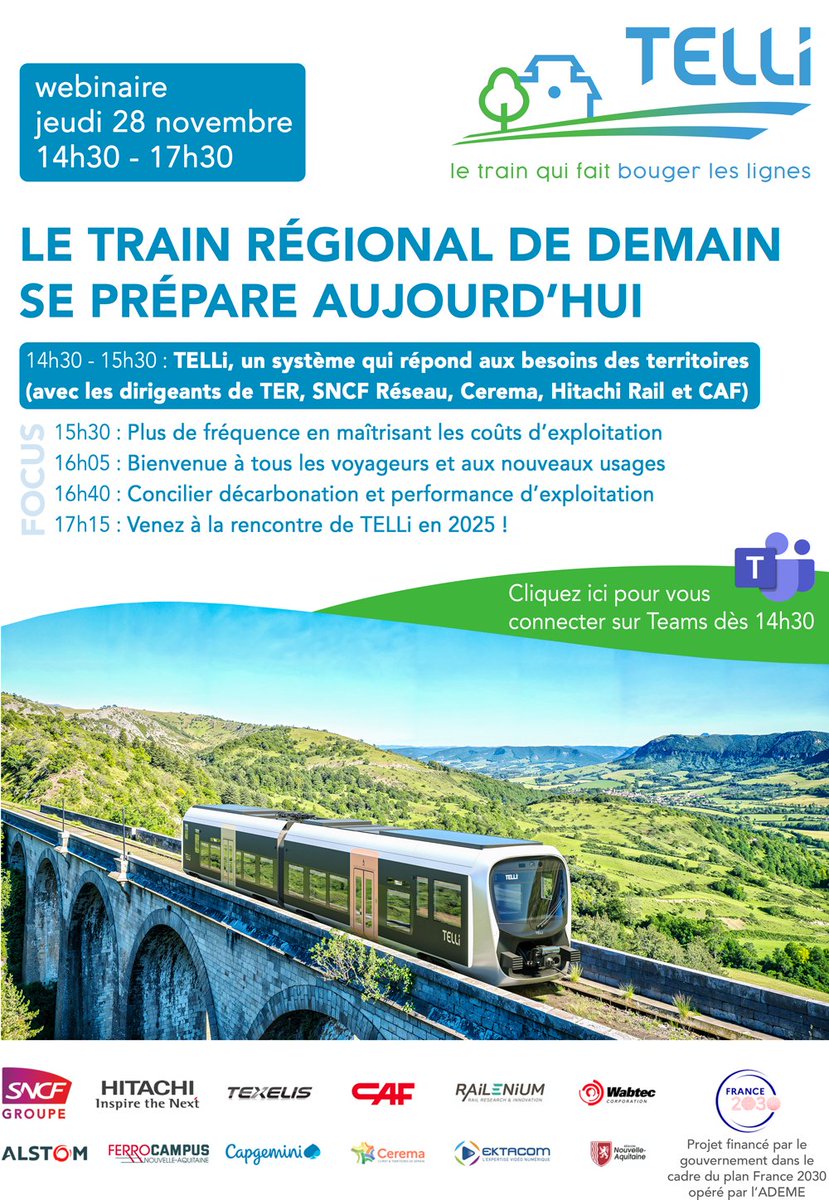TrainLeger's tweet photo. 🚉 Rendez-vous le 28/11/2024 de 14h30 à 17h30 pour nos conférences en lignes !
#TLI #Trainlégerinnovant #innovativeLightTrain #innovation #ferroviaire https://t.co/WgWu7UVjJ6