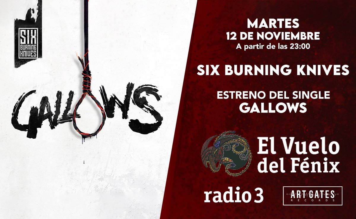 🪢¡𝙂𝘼𝙇𝙇𝙊𝙒𝙎 de la banda <a href="/VIBURNINGKNIVES/">Six Burning Knives</a>  en <a href="/vuelofenix_r3/">El Vuelo del Fénix</a> !🔥

🕐 Hoy, a partir de las 𝟮𝟯:𝟬𝟬, sintoniza Radio3 y sé el primero en escuchar este fascinante nuevo single de la banda de metal moderno, ¡𝐒𝐢𝐱 𝐁𝐮𝐫𝐧𝐢𝐧𝐠 𝐊𝐧𝐢𝐯𝐞𝐬!

📻 rtve.es/play/audios/el…